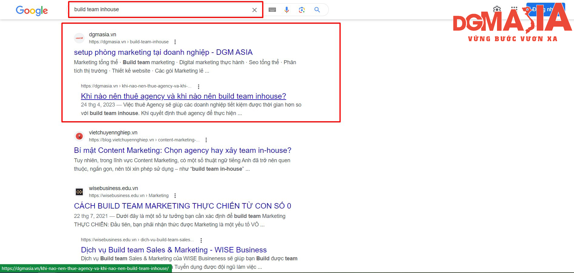 Khi độc giả tìm kiếm từ khóa Build team inhouse, thì DGM ASIA sẽ có được một organic traffic khi độc giả click vào website của chúng tôi trên bảng kết quả tìm kiếm Khi độc giả tìm kiếm từ khóa Build team inhouse, thì DGM ASIA sẽ có được một organic traffic khi độc giả click vào website của chúng tôi trên bảng kết quả tìm kiếm