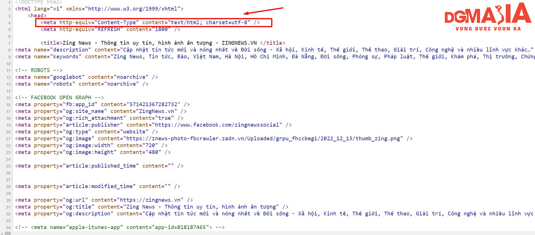 Thẻ Meta Content Type của trang báo điện tử Zingnews