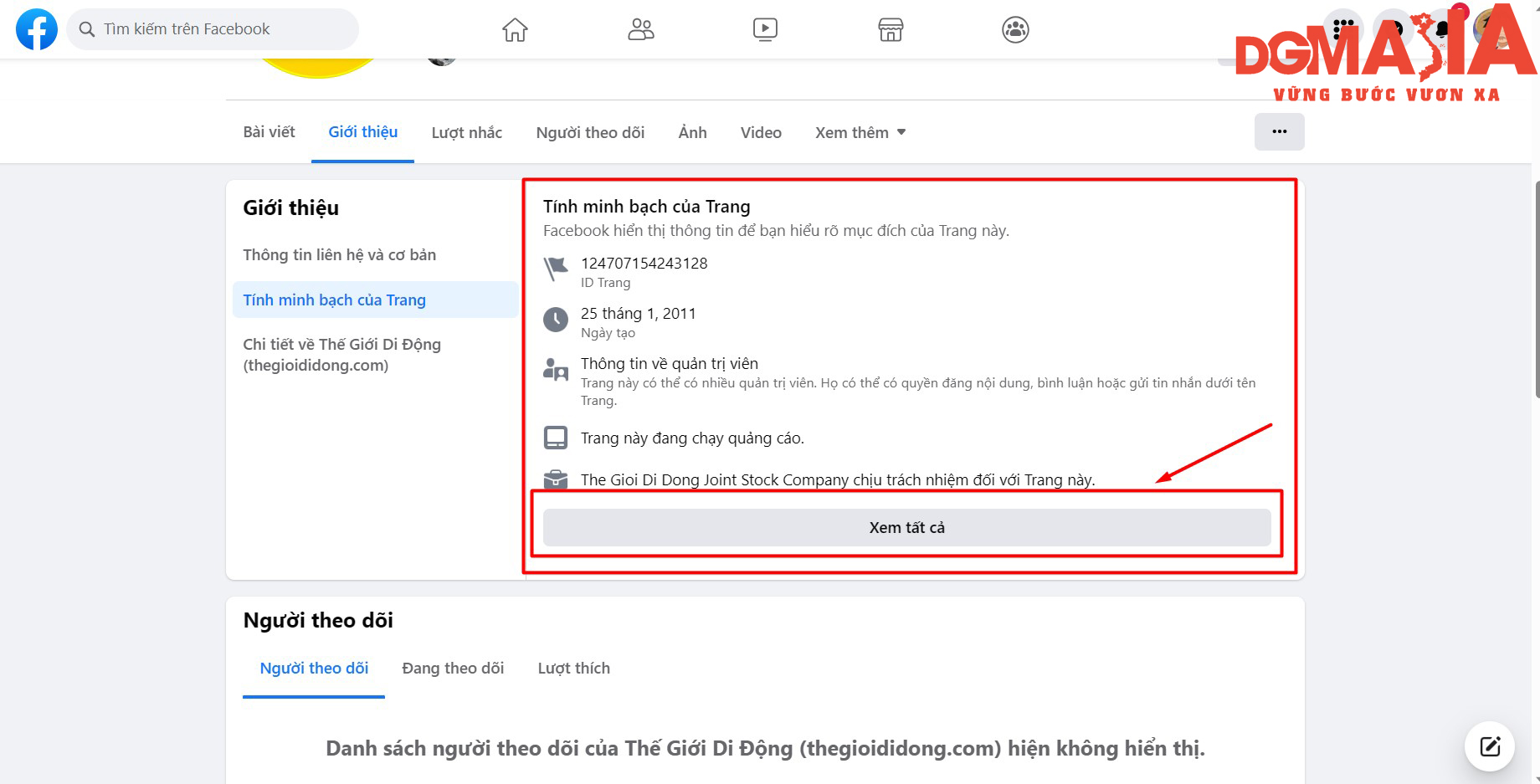 Click vào “Tính minh bạch của trang” sau đó click vào “Xem tất cả” để xem kiểm tra quảng cáo từ Fanpage