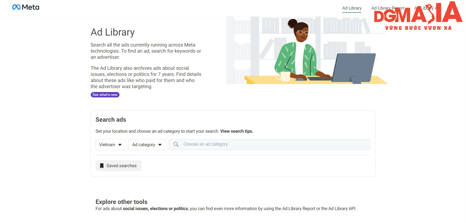 Giao diện đầu tiên của Facebook Ads Library khi đã đăng nhập