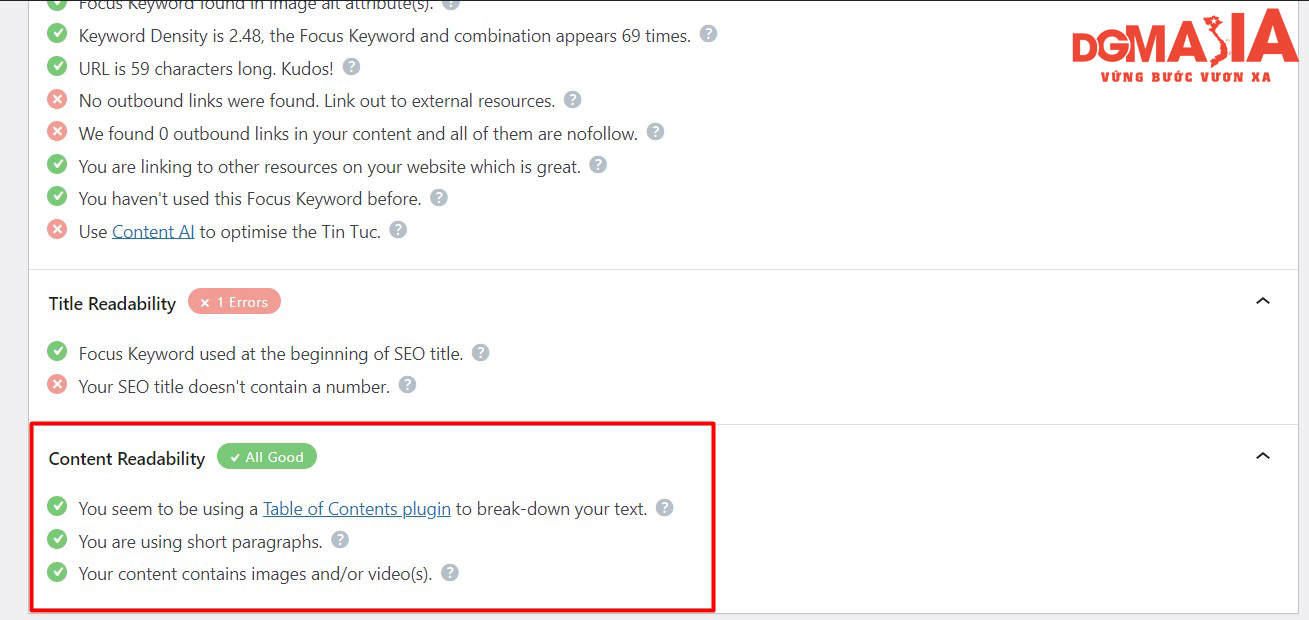 Như thế này có nghĩa là content của bạn đã đáp ứng được các tiêu chí về Readability