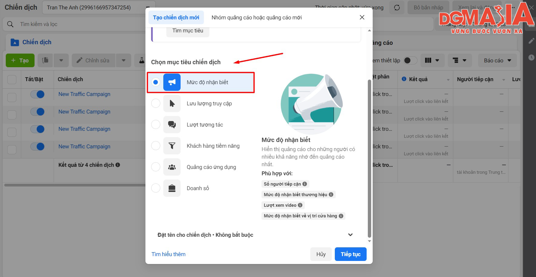 Bạn nên sử dụng các chiến dịch quảng cáo với mục tiêu là “Mức độ nhận biết” để tăng lượt follow cho Page của mình