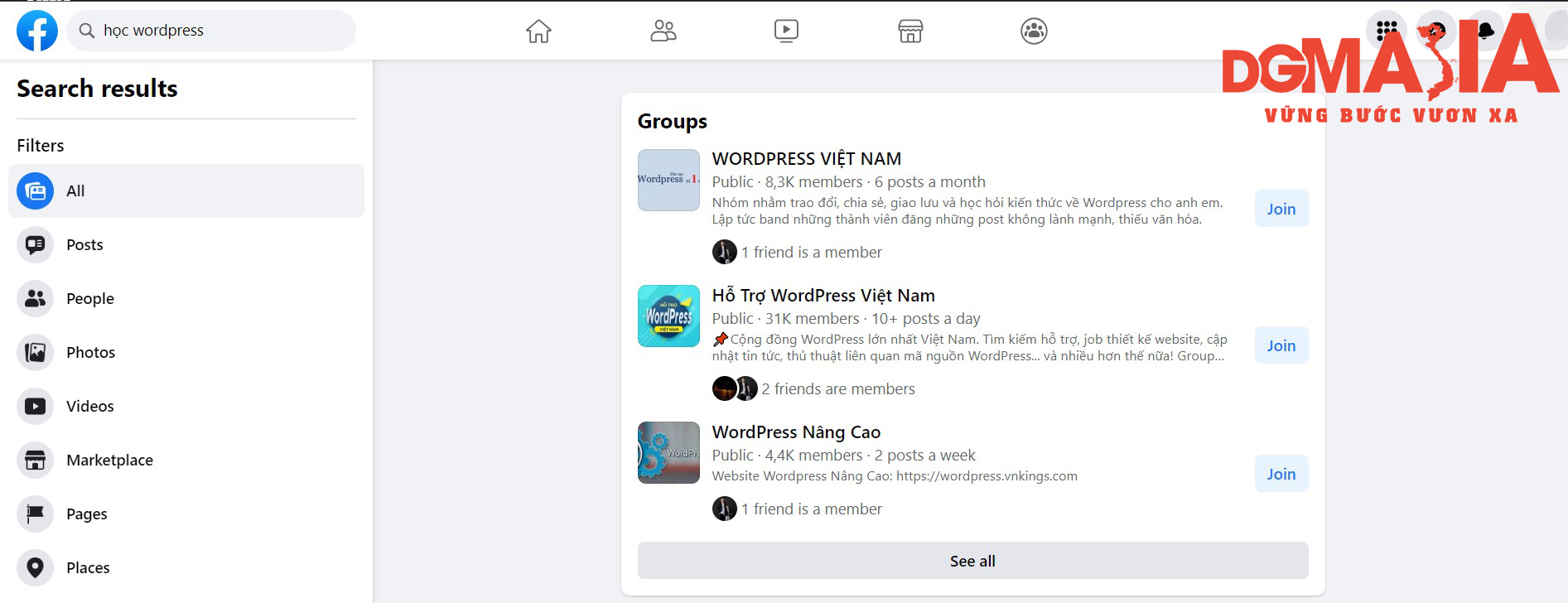 Nếu bạn là chủ sở hữu website về các khóa học WordPress, bạn có thể search trên thanh tìm kiếm của Facebook từ khóa “học WordPress” để tham gia vào các group có cùng chủ đề